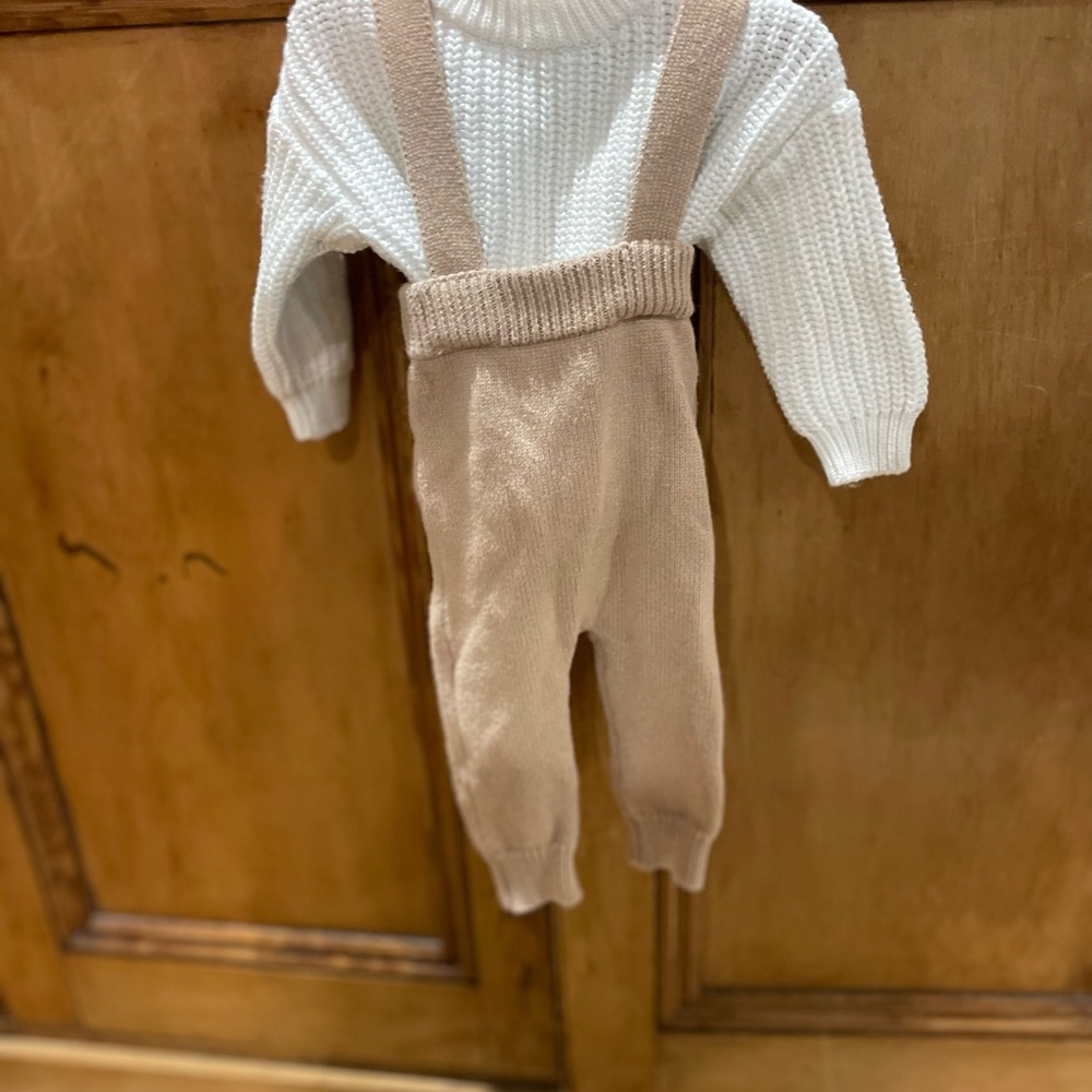 Tan Knit Casual Overalls with Tapered Legs